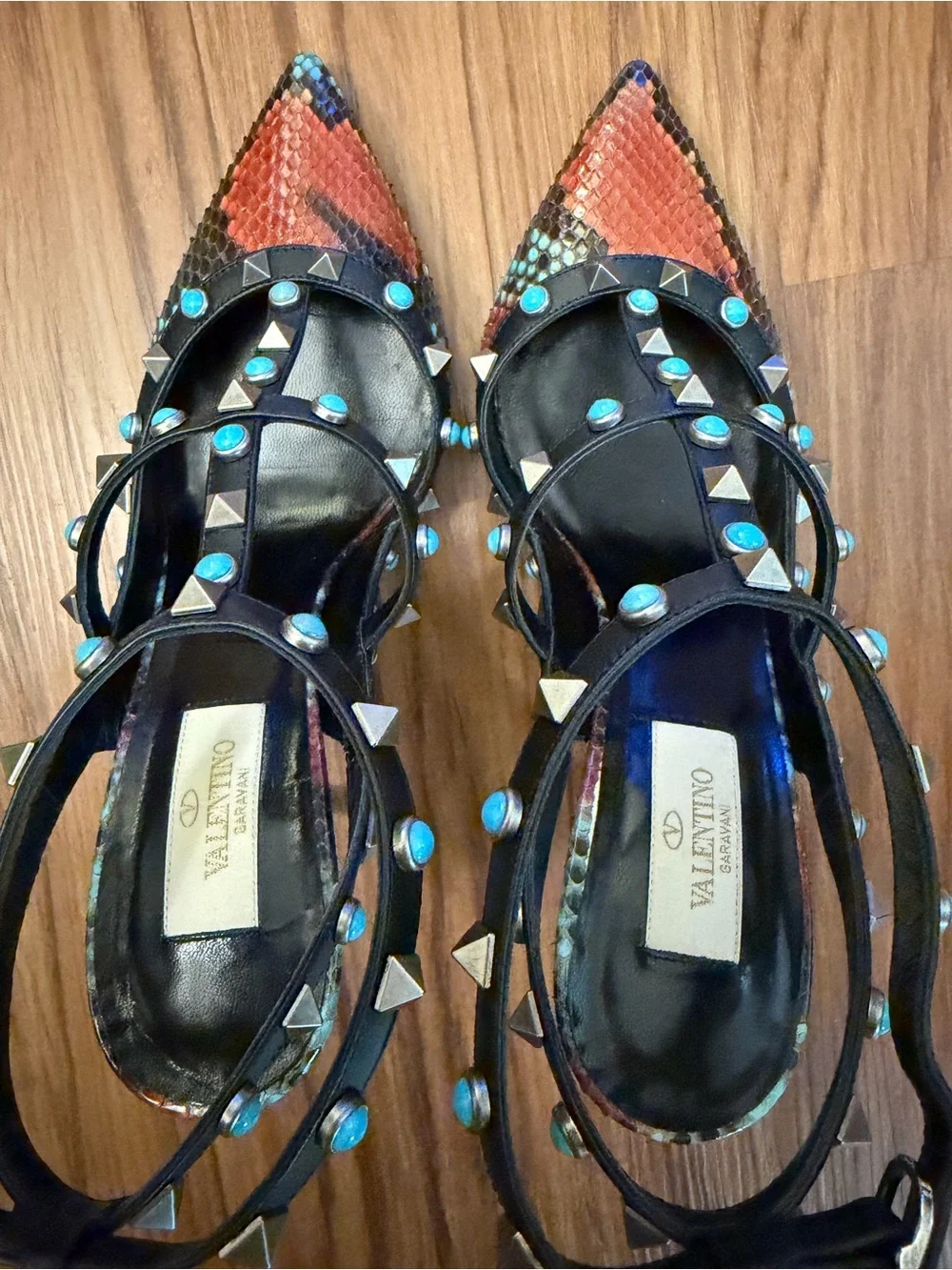 Valentino Garavani Black Studded Multi-Color Python Rockstud Heels 38.5